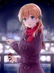 Rule 34 | 10s, 1girl, anchor hair ornament, atatata71, bad id, bad pixiv id, blonde hair, blue eyes, coat, eyebrows, hair between eyes, hair ornament, highres, kantai collection, karikura (atatata71), long hair, looking at viewer, night, night sky, prinz eugen (kancolle), red scarf, scarf, sky, solo, upper body, winter clothes, winter coat