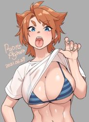 Rule 34 | 1girl, abs, agawa ryou, blue eyes, breasts, brown hair, clothes lift, commentary, dated, english commentary, grey background, large breasts, navel, original, shirt, shirt lift, short hair, simple background, solo, toned, tongue, white shirt
