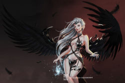 Rule 34 | 1girl, bare shoulders, black wings, blue eyes, collar, feathers, lipstick, long hair, looking at viewer, magic, makeup, mbguman, navel, pointy ears, red lips, solo, thigh strap, white hair, wings