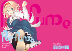 Rule 34 | 1girl, alice margatroid, ascot, ass, bent over, black pantyhose, blonde hair, blue eyes, blush, boots, breasts, cover, cover page, dress, english text, hairband, large breasts, long sleeves, looking back, magenta background, open mouth, pantyhose, pink background, short hair, solo, taut clothes, taut dress, touhou, uro (urotanc)