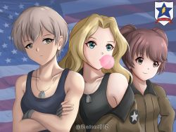 Rule 34 | 3girls, alisa (girls und panzer), american flag, blonde hair, blue eyes, brown eyes, brown hair, blowing bubbles, chewing gum, collarbone, crossed arms, datenshi p, dog tags, emblem, fingerless gloves, frown, girls und panzer, gloves, green eyes, hand on own hip, highres, kay (girls und panzer), light brown hair, long hair, looking to the side, multiple girls, naomi (girls und panzer), parted bangs, saunders (emblem), saunders military uniform, short hair, smile, tank top, twitter username, two side up, upper body