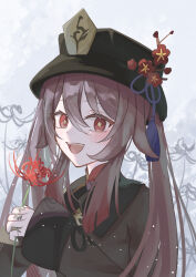 Rule 34 | 1girl, absurdres, blush, brown hair, chinese clothes, flower, flower-shaped pupils, genshin impact, hat, hat ornament, highres, hu tao (genshin impact), jewelry, kurage 67, long hair, long sleeves, looking at viewer, open mouth, plum blossoms, porkpie hat, red eyes, red shirt, ring, shirt, sidelocks, simple background, symbol-shaped pupils, white background