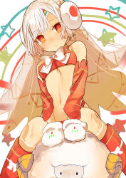 Rule 34 | 1girl, aged down, altera (fate), altera the santa (fate), animal, bare shoulders, blunt bangs, boots, breasts, choker, commentary request, dark-skinned female, dark skin, detached sleeves, earmuffs, fate/grand order, fate (series), gloves, looking at viewer, midriff, mittens, nanadonai365, navel, red eyes, red footwear, riding, sheep, shiny skin, short hair, small breasts, solo, stomach, veil, white hair