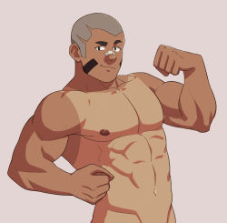 Rule 34 | 1boy, abs, bandaid, bandaid on face, bandaid on nose, bara, buzz cut, commentary, completely nude, english commentary, flexing, highres, large pectorals, male focus, muscular, muscular male, navel, nipples, nude, original, pectorals, raised eyebrows, short hair, sideburns, smile, smug, solo, stomach, tan, tanline, thick eyebrows, upper body, very short hair, zink (zink mchn)