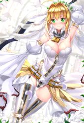Rule 34 | 10s, 1girl, aestus estus, ahoge, arm behind head, arm strap, arm up, armpits, backlighting, bare shoulders, belt, belt buckle, belt skirt, blonde hair, blurry, blush, breasts, bridal veil, buckle, chain, chain necklace, cleavage, closed mouth, crossed legs, day, depth of field, detached collar, detached sleeves, dutch angle, fate/extra, fate/extra ccc, fate (series), flower, flower wreath, full-length zipper, garter belt, garter straps, gluteal fold, green eyes, hair intakes, head wreath, highleg, highleg leotard, highres, holding, holding sword, holding weapon, indoors, jewelry, large breasts, leotard, light smile, lock, looking at viewer, necklace, nero claudius (bride) (fate), nero claudius (bride) (second ascension) (fate), nero claudius (fate), nero claudius (fate) (all), padlock, petals, puffy detached sleeves, puffy sleeves, rose, see-through, short hair with long locks, showgirl skirt, sidelocks, skirt, smile, solo, standing, strapless, strapless leotard, sunlight, sword, swordsouls, thigh gap, thigh strap, thighhighs, veil, weapon, white flower, white leotard, white rose, white skirt, white thighhighs, wide sleeves, window, zipper, zipper pull tab