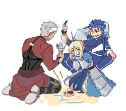 Rule 34 | 1girl, 2boys, ahoge, archer (fate), artoria pendragon (all), artoria pendragon (fate), bad id, bad twitter id, blonde hair, blue hair, crying, cu chulainn (fate), cu chulainn (fate/stay night), fate/stay night, fate (series), food, green eyes, hands on own cheeks, hands on own face, highres, ice cream, ice cream cone, ice cream cone spill, kneeling, korean commentary, looking down, multiple boys, red eyes, redmin 0415, saber (fate), sad, simple background, sweatdrop, tears, white background, white hair