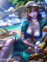 Rule 34 | 1girl, arm tattoo, artist name, bangle, beach, beach umbrella, bikini, black bikini, blue bikini, blue ribbon, blue sky, bow, bracelet, breasts, character name, choker, cleavage, cocktail glass, collarbone, colored skin, cooler, cote d&#039;azur widowmaker, cowboy shot, cup, day, drinking glass, earrings, eyewear on head, fingernails, floral print, food, front-tie bikini top, front-tie top, fruit, glint, hair down, hat, hat bow, hat ribbon, holding, holding cup, holding drinking glass, hoop earrings, jewelry, leg tattoo, liang xing, lime (fruit), lime slice, long hair, looking at viewer, lying, medium breasts, nail polish, navel, official alternate costume, on chair, on side, outdoors, overwatch, overwatch 1, ponytail, purple hair, purple lips, purple skin, red nails, ribbon, ribbon choker, shade, short sleeves, signature, sky, solo, sun hat, sunglasses, sunlight, swimsuit, tattoo, umbrella, watermark, web address, white choker, widowmaker (overwatch), yellow eyes