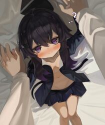 Rule 34 | ...?, 1boy, 1girl, arm up, bed sheet, black hair, black headwear, black jacket, black skirt, blue archive, blush, breasts, closed mouth, dokomon, feet out of frame, garrison cap, gradient hair, groin, hair between eyes, hand up, haruka (blue archive), hat, unworn hat, unworn headwear, highres, holding hands, interlocked fingers, jacket, long sleeves, lying, multicolored hair, navel, no halo, no shirt, nose blush, on back, open clothes, open jacket, pillow, pleated skirt, purple eyes, purple hair, sensei (blue archive), skirt, small breasts, solo focus, sweat, upside-down
