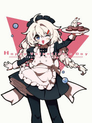 Rule 34 | 1girl, :d, absurdres, antenna hair, apron, bird, black dress, black pantyhose, braid, candy, chicken, chocolate, chocolate heart, dress, food, hair between eyes, hair ornament, hairpin, heart, highres, holding, holding plate, honkai (series), honkai impact 3rd, kiana kaslana, long hair, long sleeves, looking at viewer, maid, maid apron, meadow (morphinecaca), one eye closed, open mouth, pantyhose, plate, smile, solo, twin braids, valentine, white background, white hair
