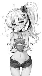 Rule 34 | 1girl, ai takurou, unworn bikini bottom, blush, fang, flat chest, flower, grecale (kancolle), greyscale, hair between eyes, hair flower, hair ornament, heart, hibiscus, holding, jewelry, kantai collection, long hair, monochrome, necklace, ponytail, short shorts, shorts, side ponytail, sidelocks, simple background, skin fang, solo