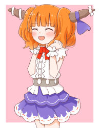 1girl alternate_hairstyle bare_shoulders blunt_bangs blush border closed_eyes commentary_request cowboy_shot dot_nose eyelashes fang frills hands_up happy heart-shaped_mouth highres horns ibuki_suika long_hair orange_hair outside_border pink_background purple_skirt rozugadena shirt simple_background skirt solo torn_clothes torn_sleeves touhou two_side_up white_border white_shirt