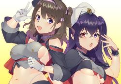 Rule 34 | 2girls, :d, azur lane, back-to-back, beret, black capelet, blue eyes, blue headwear, blue skirt, blush, breasts, brown hair, buttons, capelet, chestnut mouth, clothing cutout, collared shirt, commentary request, crop top, cross, crossed bangs, fang, gloves, grey shirt, hair between eyes, hair ribbon, hairband, hand up, hat, heterochromia, highleg, highleg panties, highres, iron cross, long hair, long sleeves, looking at viewer, maitei roppa, medium breasts, medium hair, midriff, multiple girls, navel, one side up, open mouth, panties, pink hairband, pink ribbon, purple eyes, purple hair, red eyes, ribbon, shirt, shoulder cutout, sideboob, sidelocks, simple background, skirt, smile, standing, strapless, teeth, tube top, underboob, underwear, upper body, upper teeth only, v, white background, white gloves, white headwear, white panties, wrist cuffs, yellow background, z35 (azur lane), z36 (azur lane)