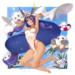 Rule 34 | 1girl, armpits, bare shoulders, barefoot, covered navel, dark-skinned female, dark skin, earrings, facial mark, fate/grand order, fate (series), hairband, highres, hoop earrings, innertube, jewelry, long hair, medjed (fate), murakami yuichi, necklace, nitocris (fate), nitocris (swimsuit assassin) (second ascension) (fate), outdoors, purple eyes, purple hair, swim ring, swimsuit, veil