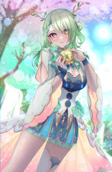 Rule 34 | 1girl, antlers, braid, braided bangs, breasts, ceres fauna, cleavage, closed mouth, cowboy shot, day, dutch angle, golden arms, gradient eyes, green hair, highres, hololive, hololive english, horns, kamaniki, large breasts, long hair, looking at viewer, multicolored eyes, outdoors, single braid, single thighhigh, smile, solo, standing, thighhighs, tree, virtual youtuber, water, waterfall, yellow eyes