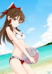 Rule 34 | 10s, 1girl, 2016, artist name, ball, bare arms, bare shoulders, beach, beachball, bikini, bow, breasts, brown eyes, brown hair, cleavage, closed mouth, cloud, collarbone, cowboy shot, dated, day, expressionless, eyebrows, frilled bikini, frilled bow, frills, gecotan, hair bow, hair tubes, hakurei reimu, holding, holding ball, lighthouse, long hair, looking at viewer, mismatched bikini, multicolored bikini, multicolored clothes, navel, outdoors, ponytail, red bikini, red bow, ribbon-trimmed bikini, sand, shore, sidelocks, sky, solo, standing, stomach, summer, swimsuit, thighs, touhou, transparent, white bikini, yin yang