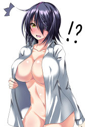 Rule 34 | !?, ^^^, 10s, 1girl, alternate costume, ar (lover boy), blush, breasts, collarbone, commentary request, dress shirt, embarrassed, covered erect nipples, eyepatch, full-face blush, groin, hair over one eye, highres, kantai collection, large breasts, long sleeves, naked shirt, navel, no panties, open mouth, purple hair, shirt, short hair, sideboob, simple background, solo, tears, tenryuu (kancolle), underboob, white background, white shirt, yellow eyes