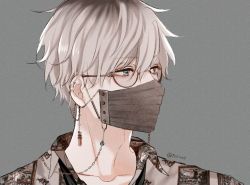 Rule 34 | 1boy, artist name, ear piercing, glasses, grey background, grey eyes, looking to the side, male focus, mask, original, piercing, shijima tohiro, silver hair, simple background, upper body