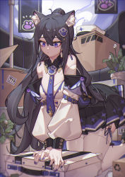 Rule 34 | 1girl, absurdres, animal ear fluff, animal ears, black hair, black skirt, breasts, cat ears, cat girl, closed mouth, detached sleeves, highres, kneeling, long hair, long sleeves, medium breasts, original, paw hair ornament, plant, pleated skirt, potted plant, purple eyes, skirt, solo, suitcase, thighhighs, white thighhighs, yuk233