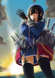 Rule 34 | 10s, 1girl, bad id, bad pixiv id, biting, black hair, black thighhighs, chain, cloud, garter straps, glove biting, glove pull, gloves, hat, kantai collection, mouth hold, putting on gloves, red eyes, seramikku, short hair, sky, solo, sunset, takao (kancolle), thighhighs, turret