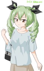 Rule 34 | 1girl, absurdres, anchovy (girls und panzer), asymmetrical sleeves, bag, black ribbon, blue shirt, brown eyes, brown skirt, carrying, casual, closed mouth, commentary, dated, drill hair, drops mint, girls und panzer, green hair, hair ribbon, handbag, highres, long hair, long sleeves, looking at viewer, ribbon, shirt, short sleeves, simple background, skirt, smile, solo, standing, twin drills, twintails, twitter username, uneven sleeves, white background