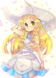Rule 34 | 1girl, adjusting clothes, adjusting headwear, arm up, bare shoulders, blonde hair, blush, braid, closed mouth, collarbone, cowboy shot, creatures (company), dress, female focus, flat chest, game freak, green eyes, hat, highres, lillie (pokemon), long hair, looking to the side, marker (medium), mofuo, nintendo, petals, pokemon, pokemon sm, see-through, shiny skin, sidelocks, simple background, sleeveless, sleeveless dress, solo, standing, sun hat, traditional media, twin braids, white background, white dress, white hat
