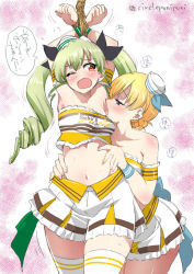 Rule 34 | 2girls, alternate costume, anchovy (girls und panzer), armband, licking armpit, armpits, arms around waist, arms up, bare shoulders, bdsm, black ribbon, blonde hair, blue eyes, blush, bondage, bound, bound wrists, braid, breasts, coco&#039;s, commentary, darjeeling (girls und panzer), dixie cup hat, double horizontal stripe, drill hair, femdom, frilled skirt, frills, frown, girls und panzer, green hair, hair ribbon, half-closed eyes, hat, inoue yoshihisa, leaning forward, licking, long hair, looking at another, medium breasts, military hat, mini hat, miniskirt, motion lines, multiple girls, navel, one eye closed, open mouth, red eyes, ribbon, rope, shirt, short hair, skirt, standing, strapless, sweat, thighhighs, tube top, twin drills, twintails, twitter username, white headwear, white skirt, yellow shirt, yuri