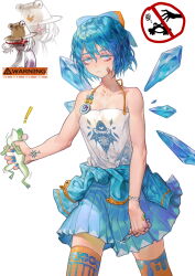 Rule 34 | !, 2girls, absurdres, alternate costume, alucard pie, animal, bandaid, bandaid on face, bandaid on hand, blue bow, blue eyes, blue hair, blue nails, blue skirt, bow, brown headwear, camisole, cirno, closed mouth, collarbone, detached wings, fairy, fingernails, frog, hair between eyes, hair bow, hat, highres, holding, holding animal, ice, ice wings, moriya suwako, multiple girls, nail polish, orange thighhighs, pleated skirt, purple vest, shaded face, shirt, short hair, simple background, skirt, thighhighs, touhou, vest, white background, white camisole, white shirt, wings
