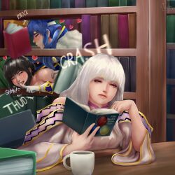 Rule 34 | 1boy, 2girls, angry, black hair, blush, book, bookshelf, circlet, clothed sex, coffee cup, commission, commissioner upload, cup, disposable cup, finger to mouth, fire emblem, fire emblem: genealogy of the holy war, fire emblem heroes, half-closed eyes, headband, heart, highres, holding, holding book, implied sex, indoors, julia (fire emblem), larcei (fire emblem), library, loptoart, multiple girls, nintendo, open mouth, public indecency, seliph (fire emblem), shushing, smile, smug, sound effects, stealth sex, sweat, tomboy