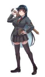 Rule 34 | 1girl, black hair, black jacket, black skirt, black thighhighs, breasts, full body, gold trim, hand on own hip, hand tattoo, highres, hime cut, holding, holding sword, holding weapon, jacket, kuru bushi, loafers, long hair, looking at viewer, magatama, necktie, pleated shirt, protagonist 2 (housamo), red necktie, school uniform, shirt, shoes, simple background, skirt, solo, standing, sword, tattoo, thighhighs, tokyo houkago summoners, weapon, white background, white shirt, zettai ryouiki