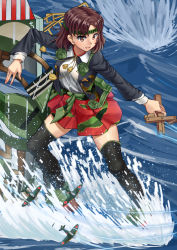 Rule 34 | 1girl, aircraft, airplane, anti-aircraft, anti-aircraft gun, black thighhighs, blouse, box, breasts, brown eyes, brown hair, camouflage, camouflage skirt, cannon, chiyoda (kancolle), cropped jacket, flight deck, full body, hakama, hakama short skirt, hakama skirt, headband, japanese clothes, kantai collection, marionette, mayura (lucadia), ocean, open mouth, puppet, puppet strings, sandals, shirt, short hair, skirt, smile, string, thighhighs, turret, water