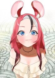 Rule 34 | 1girl, absurdres, animal ear fluff, animal ears, bare shoulders, black hair, blue eyes, blush, butayaro kr, closed mouth, earrings, extra ears, hakos baelz, highres, hololive, hololive english, jewelry, long hair, looking at viewer, mouse ears, multicolored hair, necklace, off-shoulder shirt, off shoulder, red hair, shirt, smile, solo, streaked hair, upper body, virtual youtuber, white hair