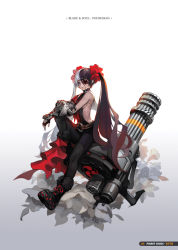 Rule 34 | 1girl, akito1179, armband, bare shoulders, belt, black hair, black legwear, blade &amp; soul, boots, breasts, cat cutout, character name, clothing cutout, commentary, copyright name, drum magazine, eyepatch, fingerless gloves, flower, full body, gatling gun, gauntlets, gloves, grey eyes, gun, hair between eyes, hair ornament, hair scrunchie, knees up, long hair, magazine (weapon), mitsudomoe (shape), multicolored hair, neckerchief, platform footwear, pohwaran, red ribbon, ribbon, ribs, scrunchie, sideboob, sitting, sitting on object, sleeveless, small breasts, solo, split-color hair, tomoe (symbol), twintails, two-tone hair, very long hair, weapon, white hair, zipper