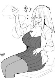 Rule 34 | 1girl, ^^^, aliasing, artist name, bangs pinned back, breasts, bug, cleavage, clenched teeth, curvy, dress, feet out of frame, fly, flying sweatdrops, glasses, greyscale, highres, inne sulistya robin, insect, large breasts, legs together, long hair, monochrome, norman maggot, original, short dress, simple background, sitting, solo, spoken exclamation mark, sweatdrop, teeth, white background