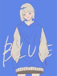 Rule 34 | 1girl, black skirt, blonde hair, blue background, blue eyes, blue sweater, blunt bangs, blush, commentary, cowboy shot, english text, hands in pockets, highres, mole, mole under eye, nose blush, open mouth, original, pleated skirt, shim 46, short hair, simple background, skirt, solo, standing, sweater, teeth