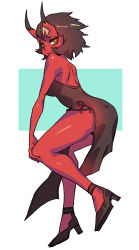 Rule 34 | 1girl, backless dress, backless outfit, bare arms, bare shoulders, black dress, black footwear, blue background, breasts, brown hair, closed mouth, colored skin, dress, from side, full body, high heels, horns, large breasts, looking at viewer, looking to the side, multicolored hair, oni, oni horns, original, red skin, short hair, side slit, solo, standing, standing on one leg, streaked hair, zakusi