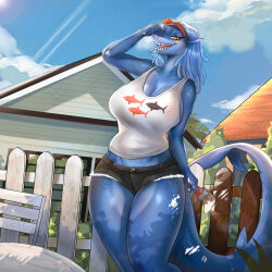 Rule 34 | 1girl, amethyst dust, black shorts, blue hair, blue sky, breasts, fence, fins, fish tail, furry, furry female, highres, holding, holding paintbrush, house, large breasts, looking at viewer, medium hair, midriff, open mouth, original, outdoors, paintbrush, picket fence, shark, shark girl, shark tail, sharp teeth, shirt, short shorts, shorts, sky, sleeveless, solo, standing, tail, teeth, white shirt, wooden fence, yellow eyes