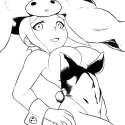 Rule 34 | 1girl, alternate costume, bare shoulders, breasts, bursting breasts, cerebella (skullgirls), cleavage, covered navel, eyeshadow, facial mark, facial tattoo, from below, greyscale, hat, hip focus, large breasts, leotard, lineart, lipstick, living clothes, makeup, monochrome, navel, oversized forearms, oversized limbs, playboy bunny, rabbit tail, short hair, sideboob, simple background, skull, skullgirls, smile, smirk, solo, tail, tattoo, tsukudani (coke-buta), vice-versa (skullgirls), white background, wide hips, wrist cuffs