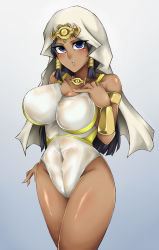Rule 34 | 1girl, beruzumi-m, black hair, blue eyes, blush, breasts, cleavage, covered navel, dark skin, egyptian, egyptian clothes, hand on own chest, highres, ishizu ishtar, large breasts, looking at viewer, millennium necklace, one-piece swimsuit, see-through, swimsuit, vambraces, yu-gi-oh!, yu-gi-oh! duel monsters