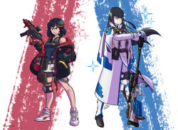 Rule 34 | 2girls, adapted costume, black hair, black jacket, blue eyes, blunt bangs, breasts, capelet, commentary, commission, english commentary, frown, gun, hand in pocket, highres, holding, holding gun, holding weapon, jacket, junketsu, kill la kill, kiryuuin satsuki, long hair, looking ahead, looking at viewer, matoi ryuuko, multicolored hair, multiple girls, off-shoulder jacket, off shoulder, parted lips, peyton gee, puma (brand), red hair, rifle, senketsu, shoes, short hair, siblings, sisters, small breasts, sneakers, sniper rifle, streaked hair, submachine gun, weapon, white capelet