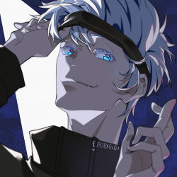 Rule 34 | 1boy, black blindfold, black jacket, blindfold, blindfold lift, blue background, blue eyes, closed mouth, colored eyelashes, crossed fingers, dated, gojou satoru, hair between eyes, hands up, high collar, highres, jacket, jujutsu kaisen, long sleeves, looking at viewer, male focus, portrait, short hair, smile, solo, two-tone background, white background, white hair, xiao du