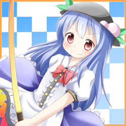 Rule 34 | &gt;:), 1girl, black hair, blue hair, blue skirt, blush, bow, bowtie, center frills, checkered background, closed mouth, commentary request, dutch angle, food, frilled skirt, frills, fruit, hair between eyes, highres, hinanawi tenshi, holding, holding sword, holding weapon, leaf, long hair, looking at viewer, makuran, peach, puffy short sleeves, puffy sleeves, red bow, red bowtie, red eyes, shirt, short sleeves, skirt, smile, solo, sword, sword of hisou, touhou, v-shaped eyebrows, very long hair, weapon, white shirt