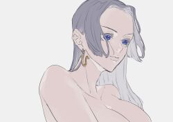 Rule 34 | 1girl, bare shoulders, black hair, blue eyes, boa hancock, breasts, close-up, closed mouth, collarbone, colored eyelashes, commentary, earrings, expressionless, female focus, forehead, hair behind ear, highres, hime cut, jewelry, large breasts, lips, long hair, looking ahead, nose, nude, one piece, portrait, sc scandium, simple background, snake earrings, solo, upper body, white background