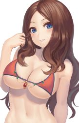 Rule 34 | 1girl, :d, bikini, blue eyes, breasts, brown hair, cleavage, fate/grand order, fate (series), highres, large breasts, leonardo da vinci (fate), long hair, looking at viewer, navel, open mouth, parted lips, ranma (kamenrideroz), simple background, smile, solo, swimsuit, upper body, white background