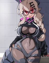 Rule 34 | 1girl, absurdres, black leotard, black nails, bongfill, breasts, cleavage cutout, clothing cutout, curvy, glasses, hair ornament, highres, jacket, large breasts, leotard, long hair, looking at viewer, navel, red eyes, saruei (vtuber), scar, scar on face, tail, thighs, tongue, tongue out, twintails, underboob, virtual youtuber, white hair, wide hips