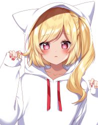 Rule 34 | 1girl, absurdres, alternate costume, bad id, bad pixiv id, blonde hair, blush, collarbone, contemporary, drawstring, flandre scarlet, highres, hood, hood up, hoodie, nail polish, one side up, parted lips, red eyes, red nails, shinonome asu, simple background, sleeves past wrists, solo, touhou, upper body, white background, white hoodie
