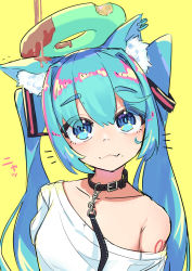 Rule 34 | 1girl, :3, absurdres, animal ear fluff, animal ears, blue eyes, blue hair, blush, breasts, cat ears, chocolate, closed mouth, collarbone, commentary request, doughnut, ear piercing, fang, fang out, food, hair between eyes, hatsune miku, head tilt, highres, kemonomimi mode, kinosuke (pattaba), long hair, off shoulder, piercing, shirt, simple background, small breasts, solo, thick eyebrows, upper body, vocaloid, white background, white shirt, yellow background