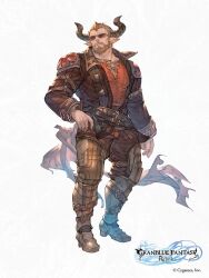 Rule 34 | 1boy, animal ears, bara, beard, brown jacket, character request, cow ears, draph, facial hair, full beard, full body, granblue fantasy, granblue fantasy: relink, highres, horns, jacket, large pectorals, looking to the side, male focus, mature male, muscular, muscular male, official art, pants, pectorals, short hair, solo, standing, thick beard, thick eyebrows