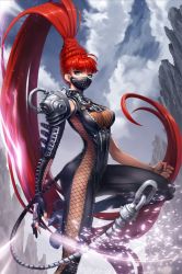 Rule 34 | 10s, 1girl, absurdly long hair, armor, artist request, blade &amp; soul, blue eyes, bodysuit, breasts, center opening, chain, character request, cleavage, cowboy shot, elbow gloves, female focus, fingerless gloves, fishnets, gloves, half mask, high ponytail, large breasts, long hair, mask, mountain, mouth mask, ninja, official art, pauldrons, red hair, shoulder armor, side slit, single elbow glove, solo, surgical mask, unzipped, very long hair, zipper