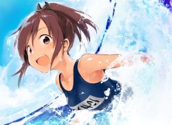 Rule 34 | 10s, 1girl, :d, blush, breasts, brown eyes, brown hair, cloud, day, fuji-yama, hair ornament, horizon, i-401 (kancolle), kantai collection, looking at viewer, name tag, one-piece swimsuit, open mouth, partially submerged, ponytail, school swimsuit, short hair, sky, small breasts, smile, solo, swimming, swimsuit, teeth, upper body, water, water drop