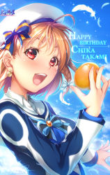 Rule 34 | 1girl, ahoge, artist name, artist request, beret, blue bow, blue bowtie, blue footwear, bow, bowtie, braid, brooch, collared shirt, earrings, feathers, female focus, food, fruit, hair bow, hat, hat bow, holding orange, jewelry, long sleeves, love live!, love live! school idol festival, love live! sunshine!!, mirai no bokura wa shitteru yo, nail, nail polish, open mouth, orange (fruit), orange hair, overskirt, parted lips, plaid, plaid skirt, red eyes, sailor collar, shirt, short hair, side braid, skirt, smile, solo, striped bow, striped bowtie, striped clothes, takami chika, white bow, white feathers, white hat